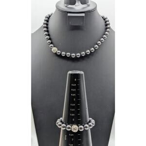 Simulated Tahitian Pearl Pave Crystal Screw Closure Knotted Necklace & Bracelet